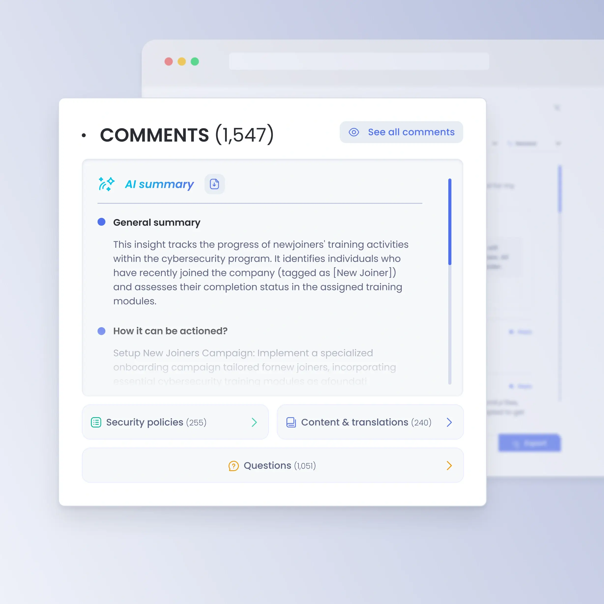 OutThink's human risk management platform's AI-based comment classification interface surfacing actionable user comments.